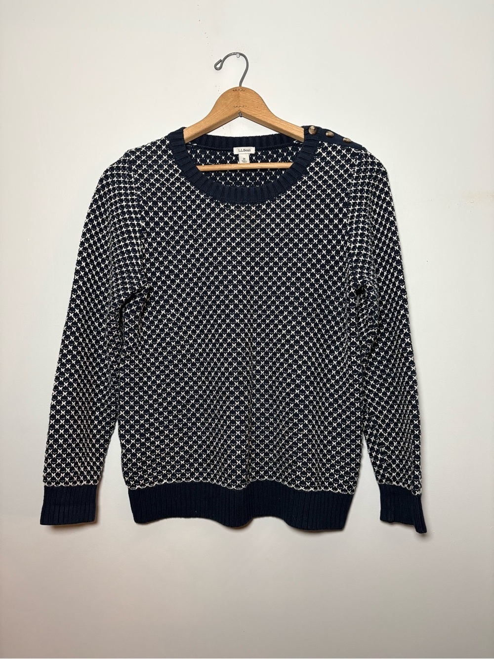 L.L.Bean Cotton Knit Sweater – Women’s Medium – Navy & White Nordic Fair Isle